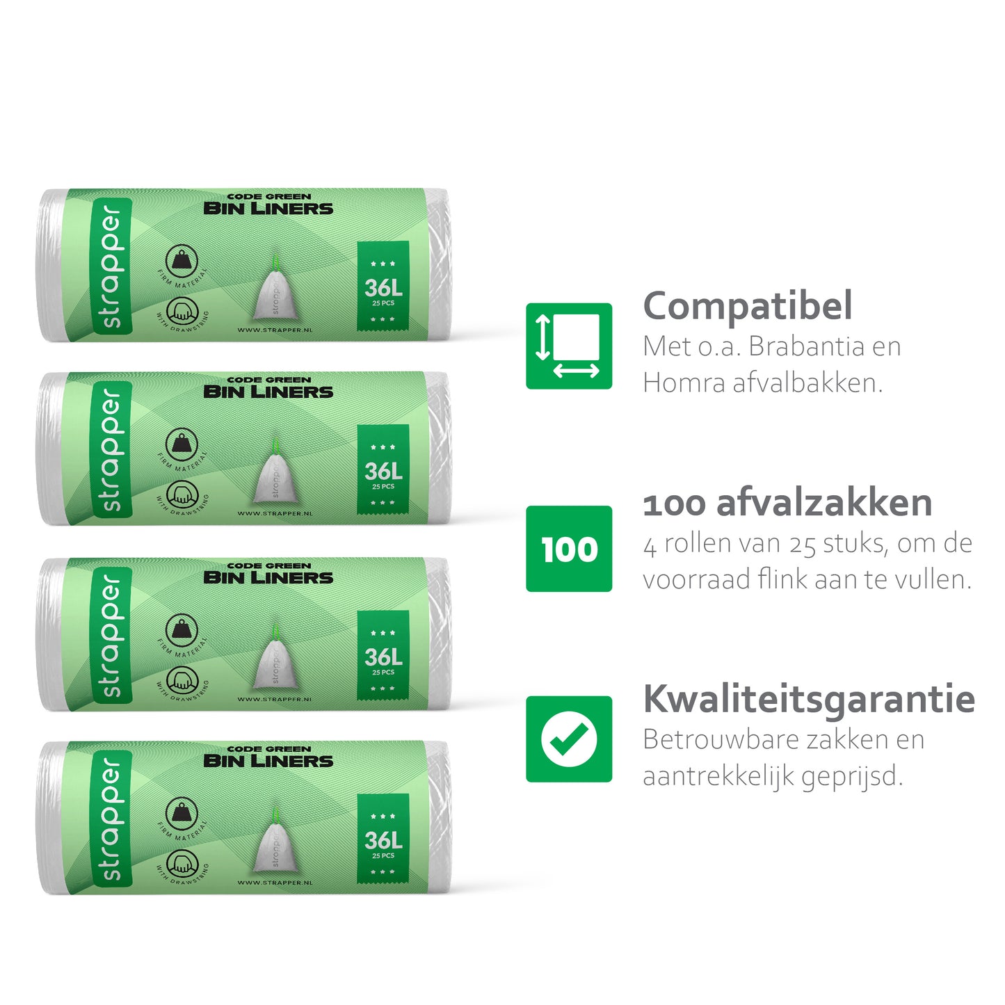 Strapper Afvalzakken Groen - Geschikt voor Brabantia en Homra Nexo - 36 liter
