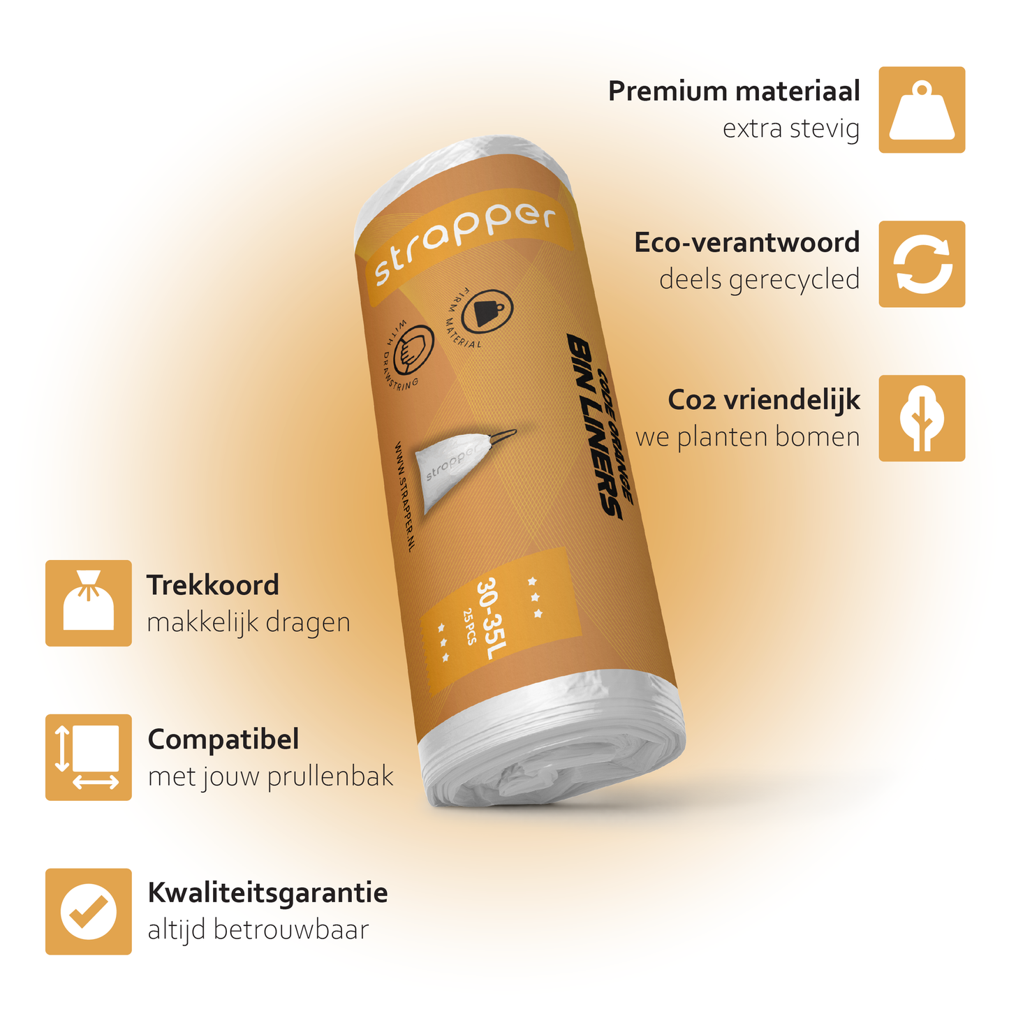 Strapper Afvalzakken Oranje - Geschikt voor simplehuman code H - 30-35 liter