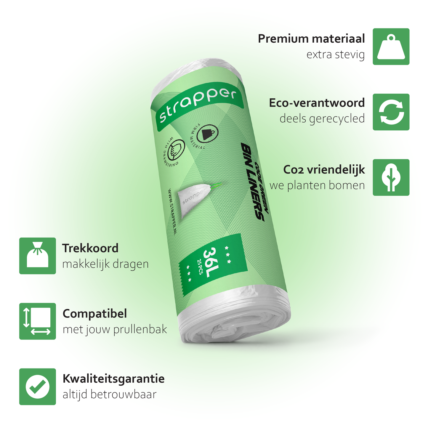 Strapper Afvalzakken Groen - Geschikt voor Brabantia en Homra Nexo - 36 liter