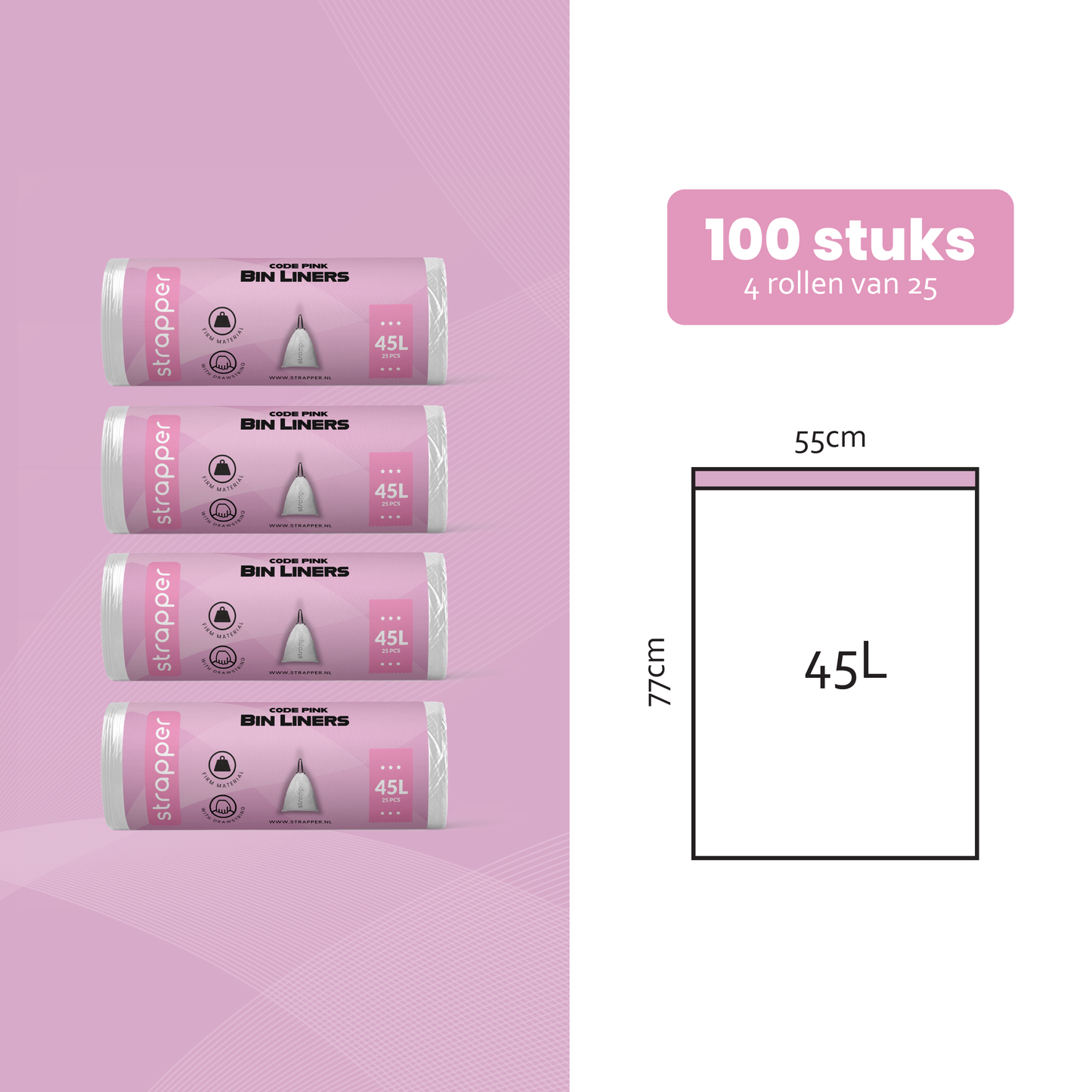 Strapper Afvalzakken Roze - Geschikt voor simplehuman code M - 45 liter