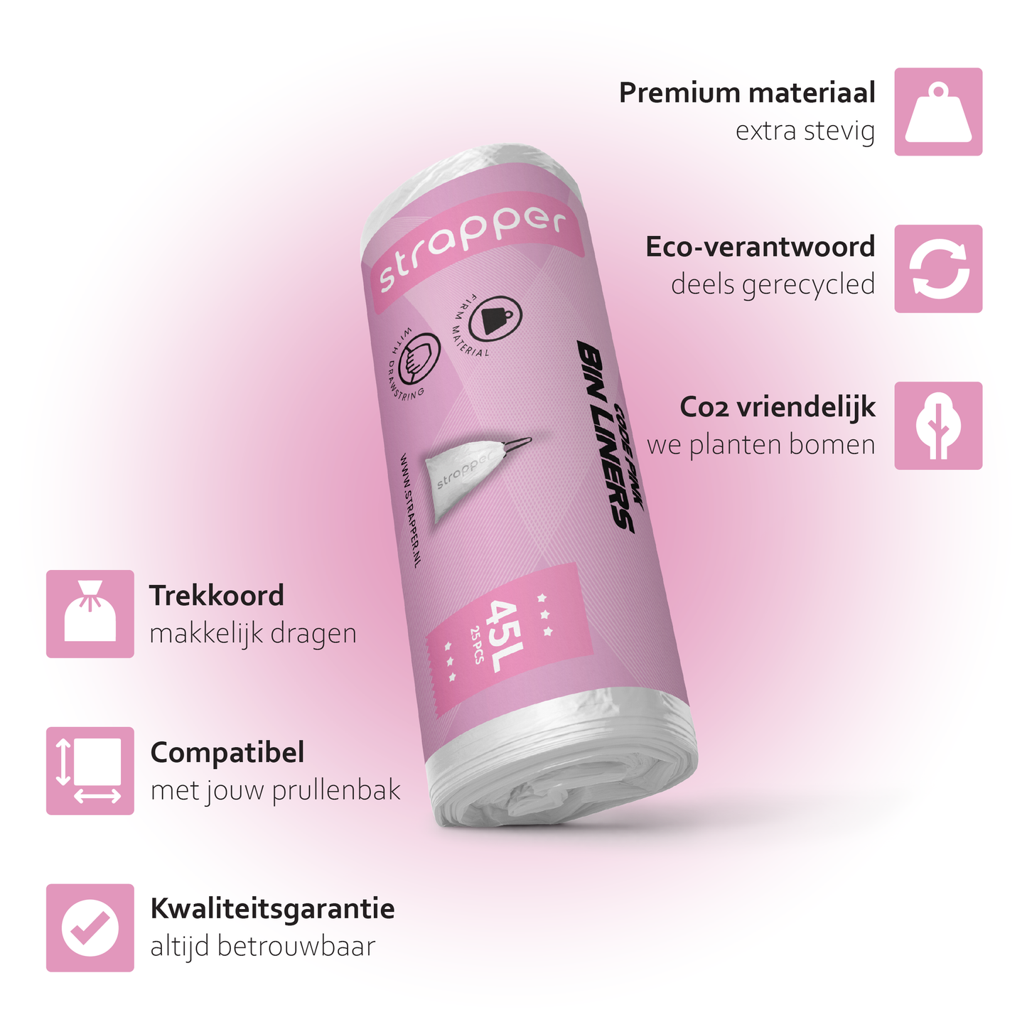 Strapper Afvalzakken Roze - Geschikt voor simplehuman code M - 45 liter